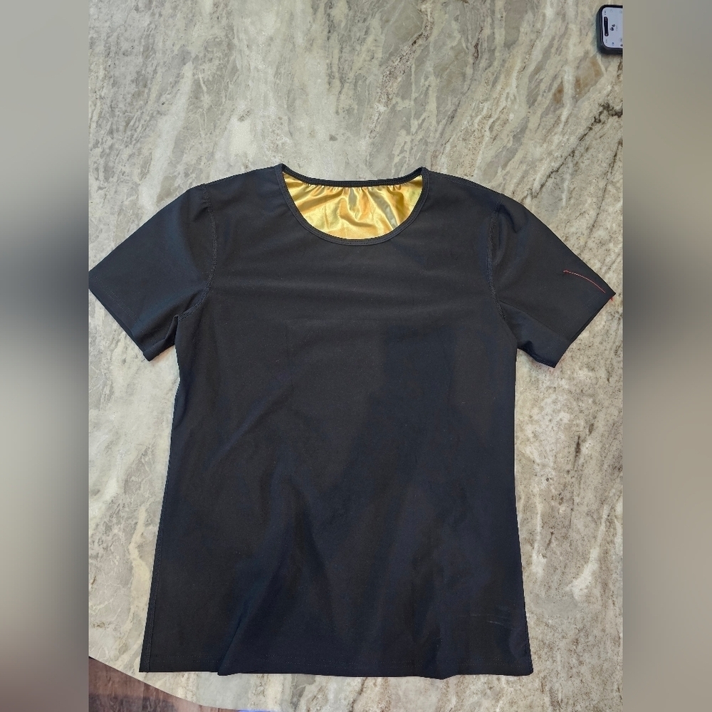 Sauna Sweat Shirt M Black Gold Lined Athletic Top Compression Slimming Tee